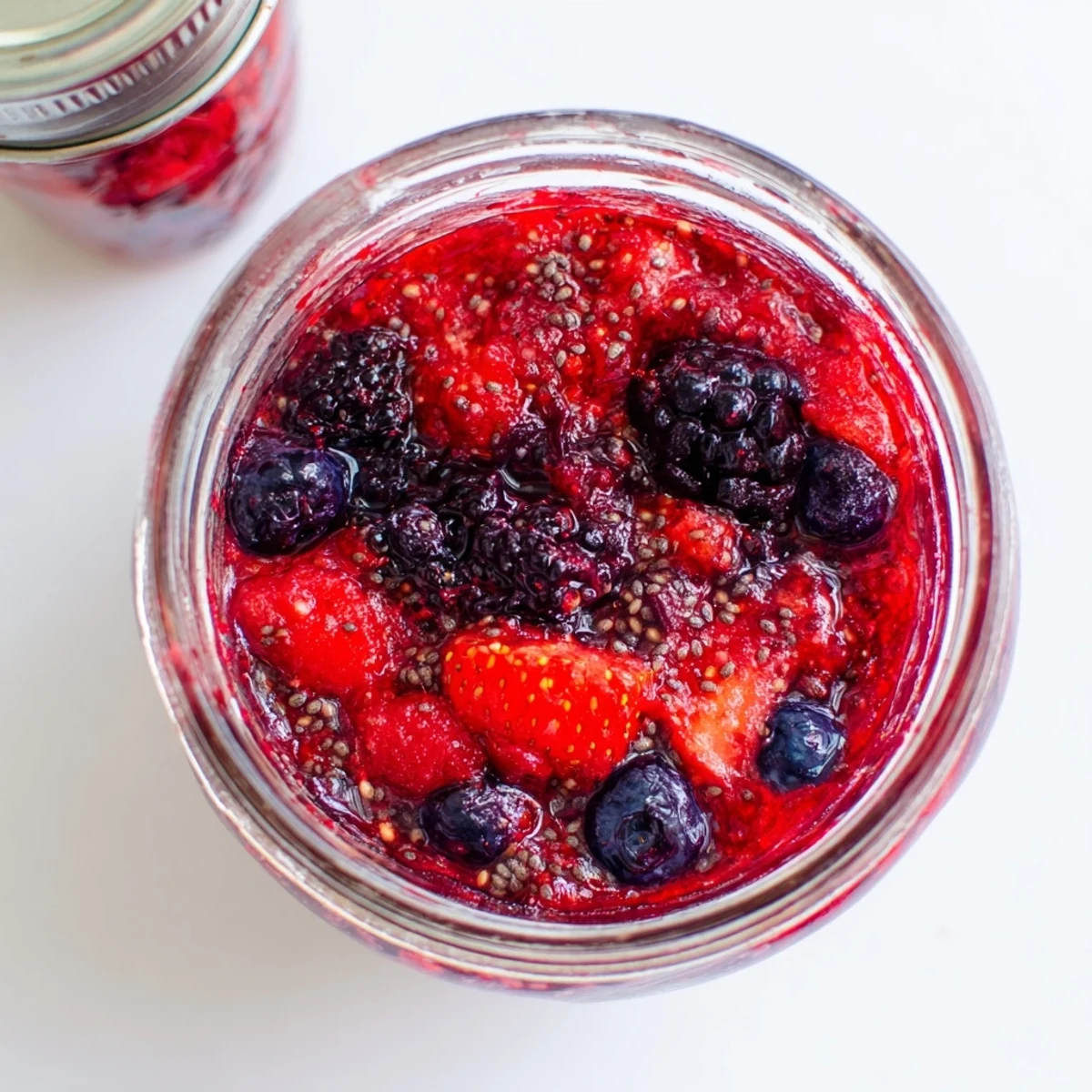 Homemade easy berry chia seed jam spooned generously onto toasted sourdough bread with fresh berry garnish