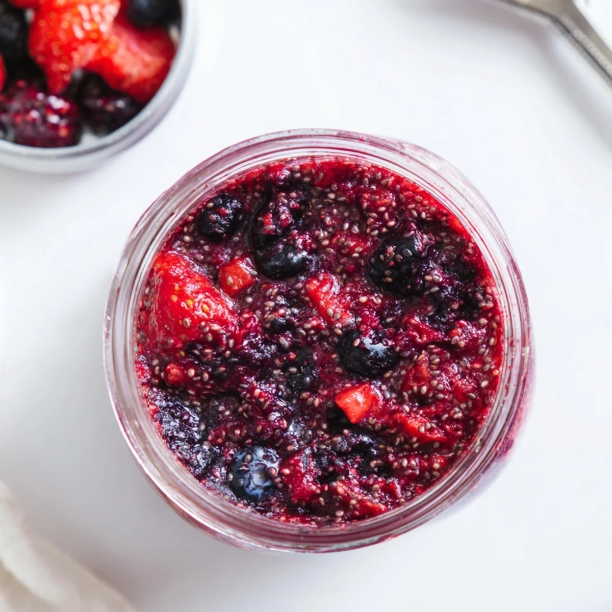 Rustic wooden board showcasing easy berry chia seed jam alongside a butter knife and summer fresh mixed berries