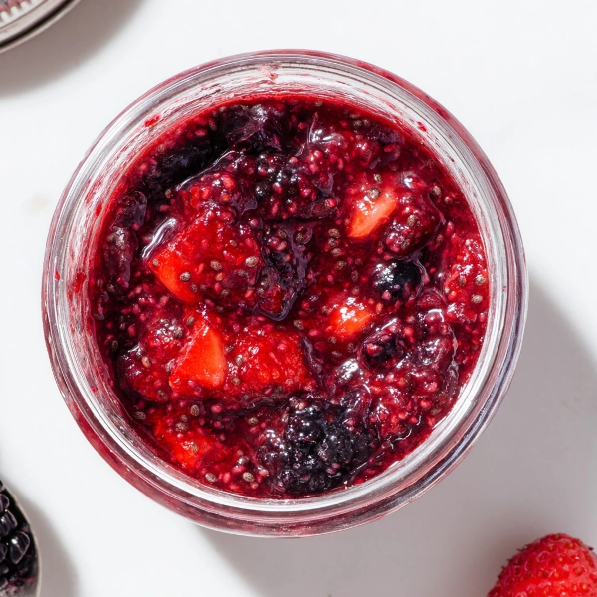 Glass jar filled with vibrant easy berry chia seed jam topped with scattered whole chia seeds and vanilla bean