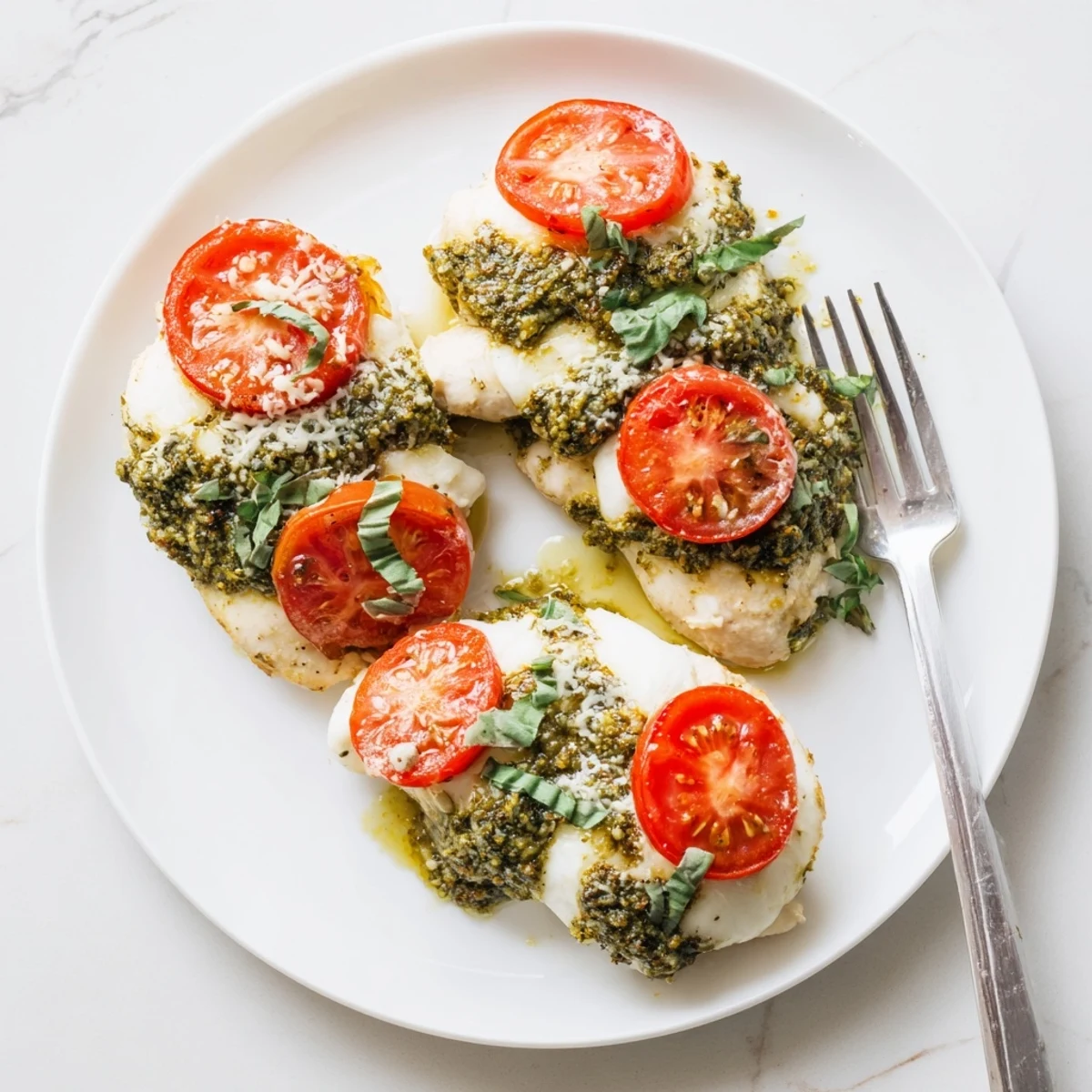 Golden baked pesto caprese chicken topped with melted mozzarella and fresh tomato slices