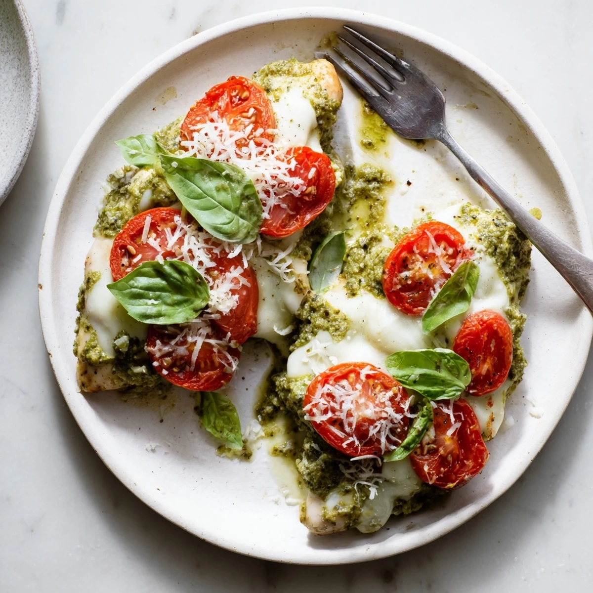 Juicy chicken breast with vibrant green pesto, ripe tomatoes, and bubbly mozzarella cheese