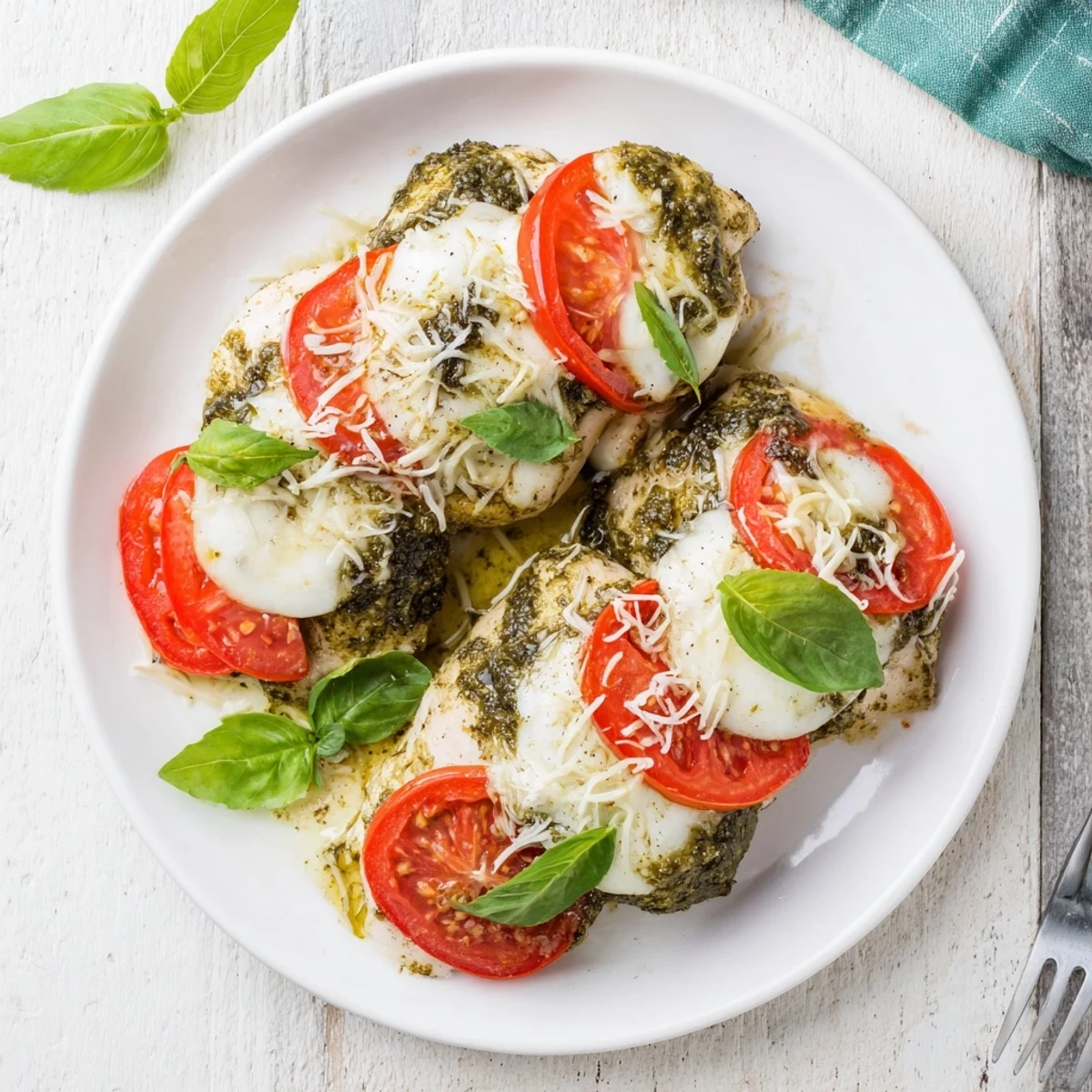 Italian baked pesto caprese chicken with fresh basil garnish and gooey melted cheese topping