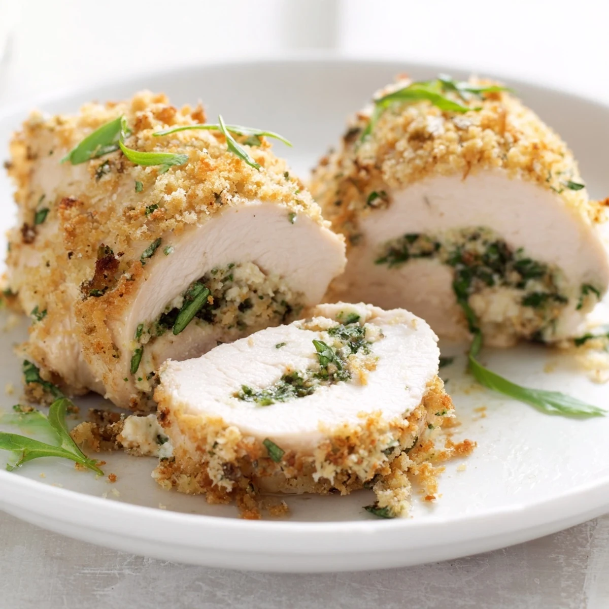 Tender chicken breasts rolled with creamy herbed ricotta filling and fresh Italian herbs
