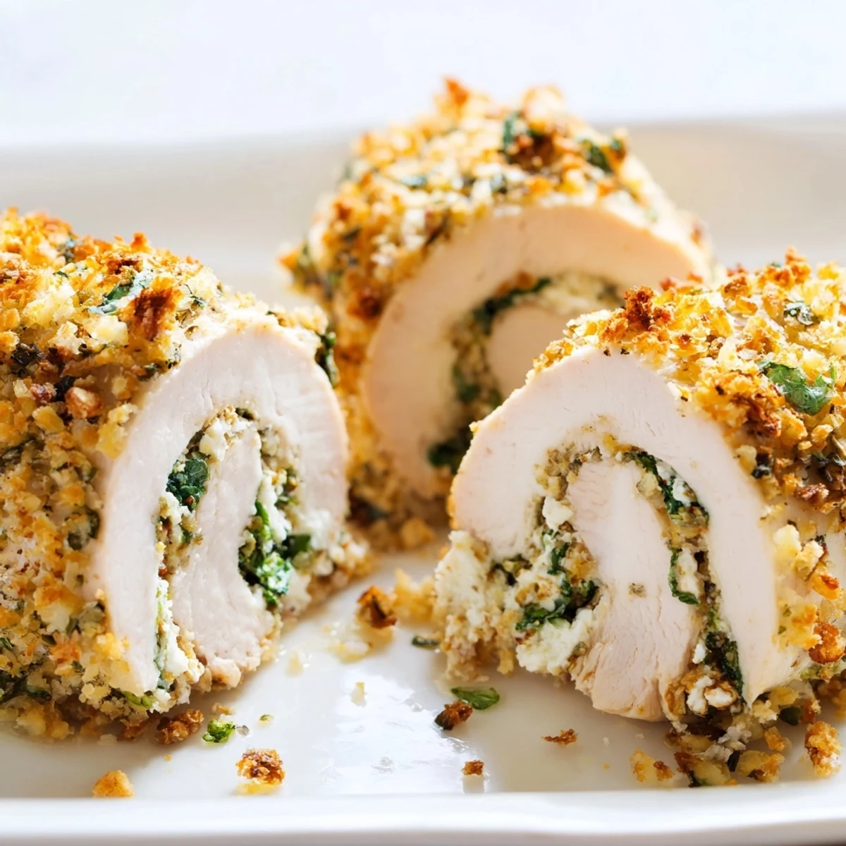 Golden brown herbed ricotta stuffed chicken rolls baked to perfection with crispy breadcrumb topping