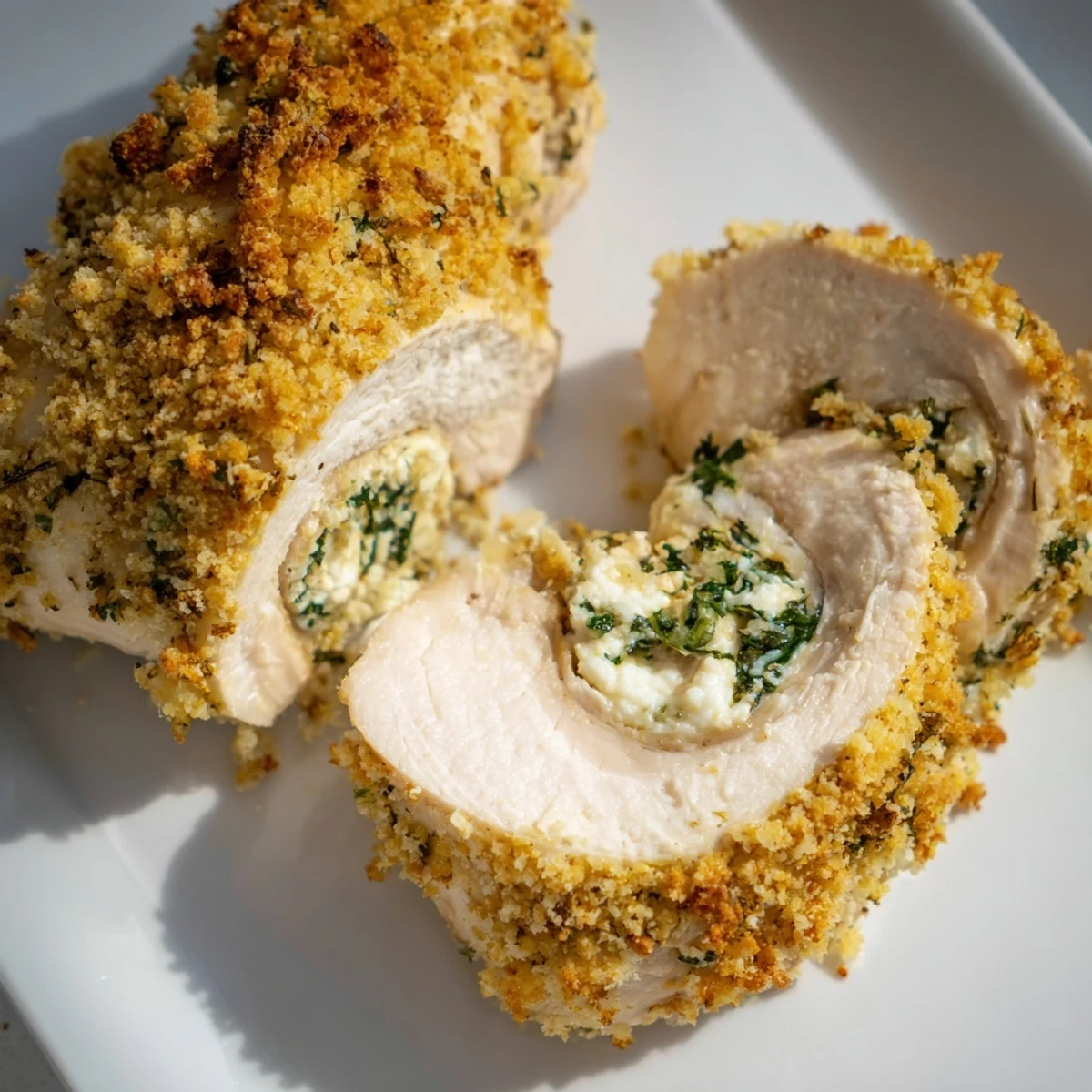 Juicy stuffed chicken rolls sliced open revealing fluffy ricotta cheese with parsley and basil