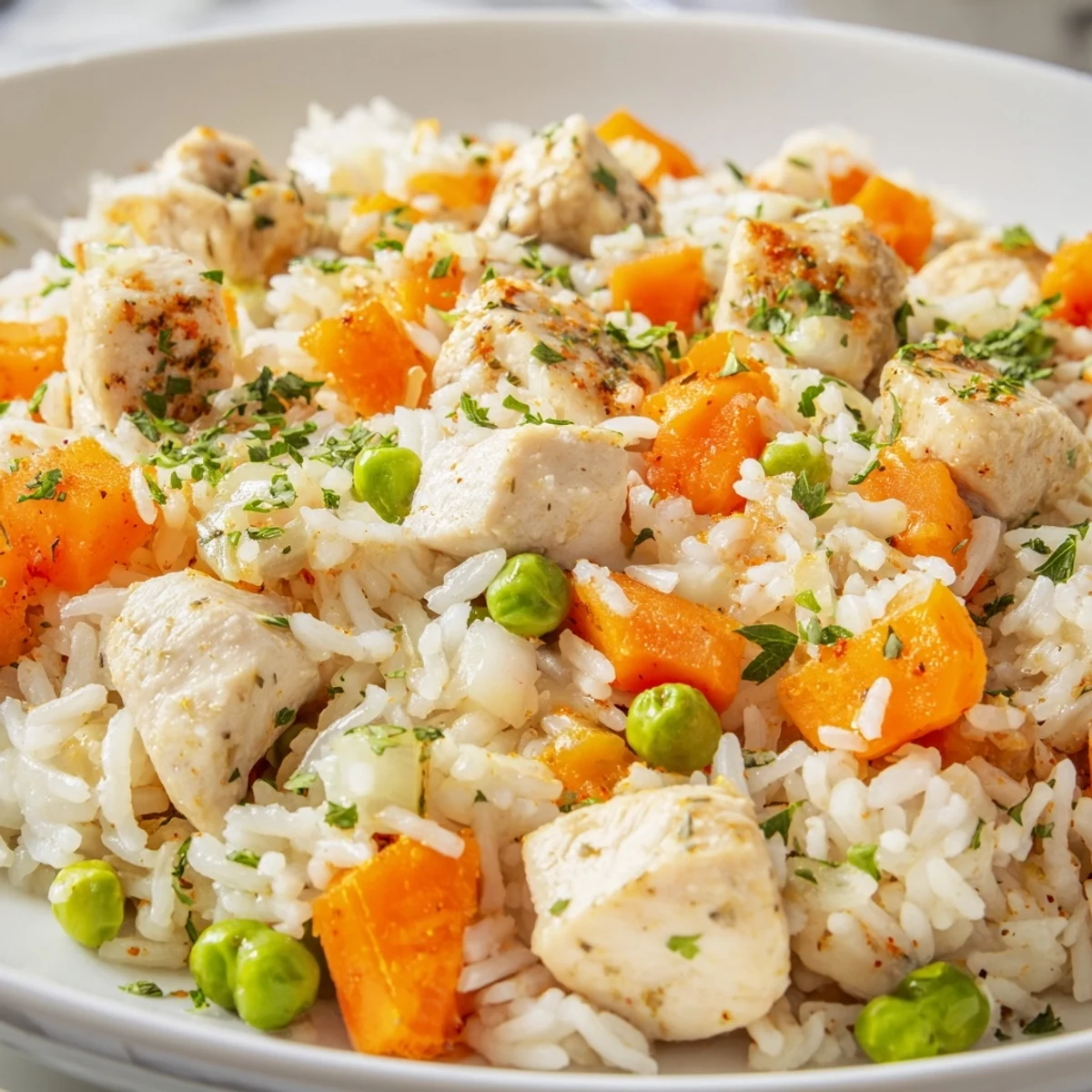 Golden chicken thighs nestled in a bed of seasoned rice and colorful diced carrots in this easy one-pot Instant Pot chicken and rice recipe
