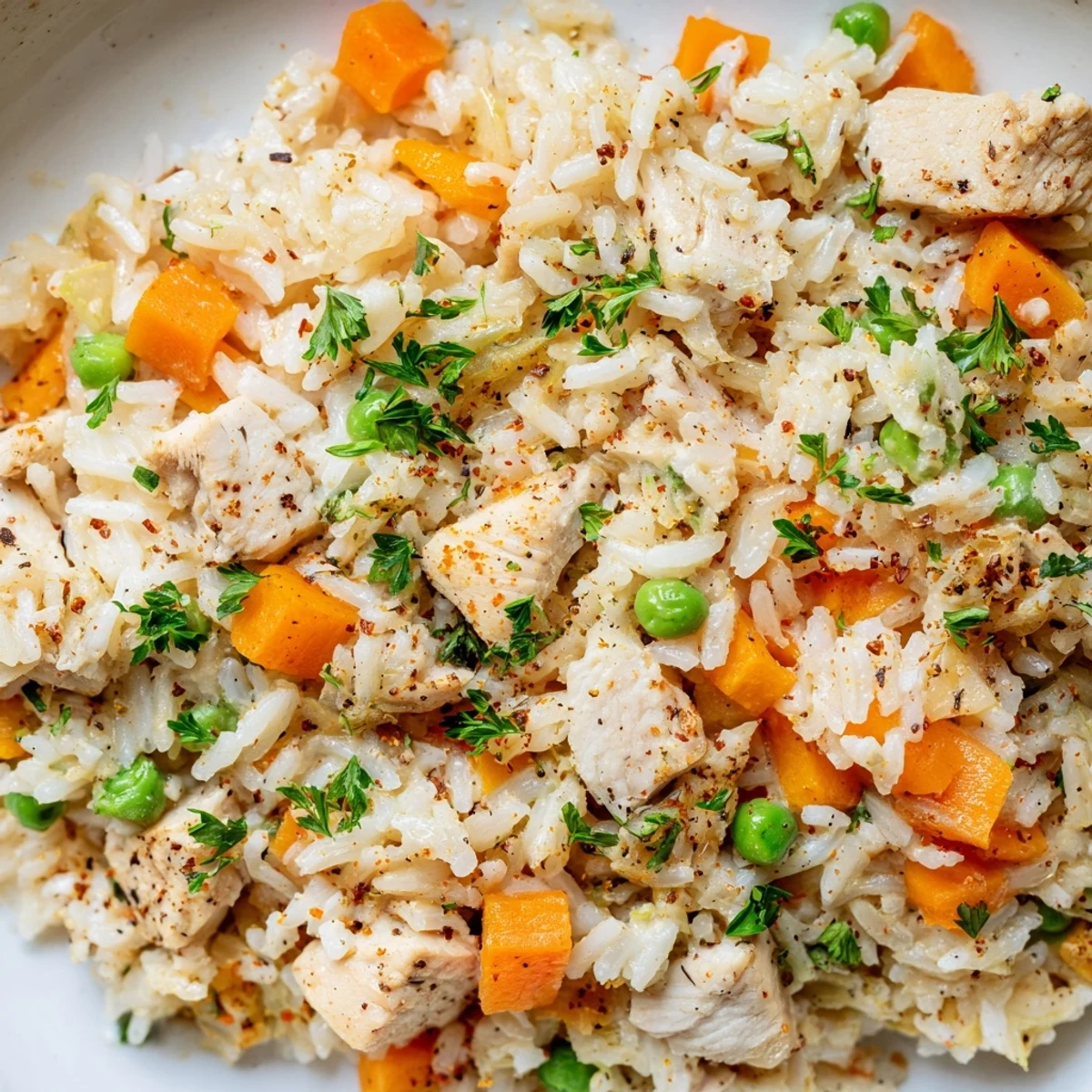 Steam rising from a bowl of Instant Pot chicken and rice with tender chicken pieces and fluffy white rice scattered with vibrant green peas