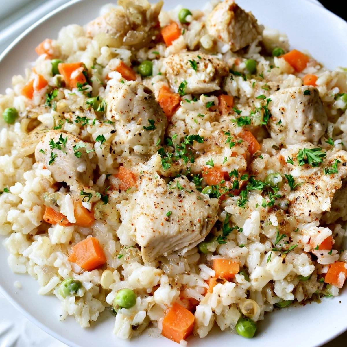 Close-up of perfectly cooked Instant Pot chicken and rice garnished with fresh parsley, showcasing the moist chicken and tender grains in this comforting weeknight dinner