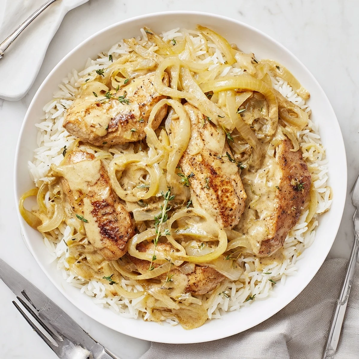 Creamy French onion chicken rice bubbling in a skillet with tender chicken pieces and golden shredded cheese topping
