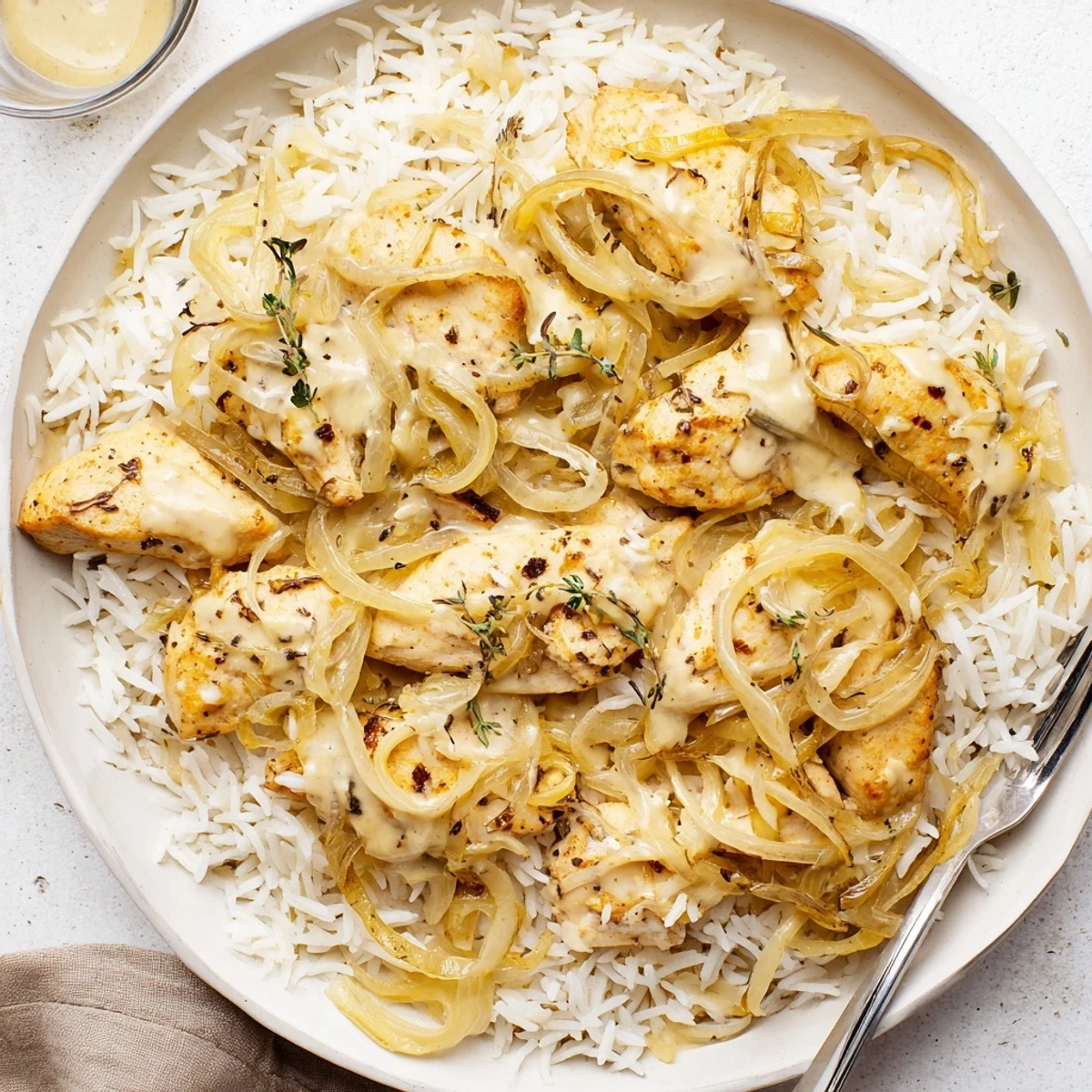 Golden brown chicken breasts nestled in creamy French onion chicken rice with melted Gruyère cheese and caramelized onions