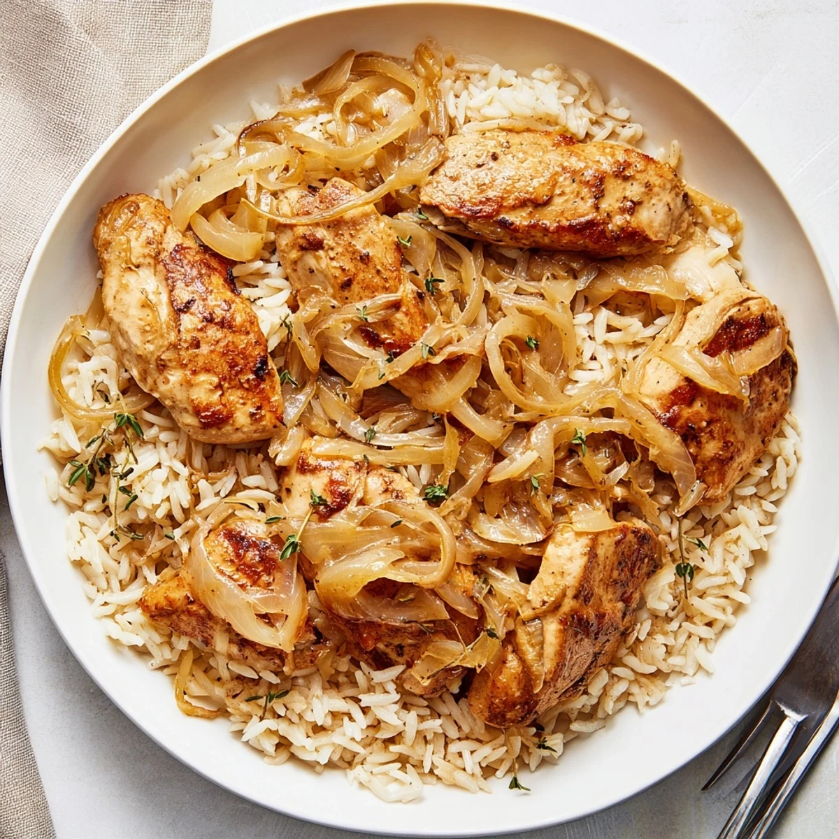 Close-up of French onion chicken rice showing rich sauce, white rice grains, and browned chicken in a creamy texture