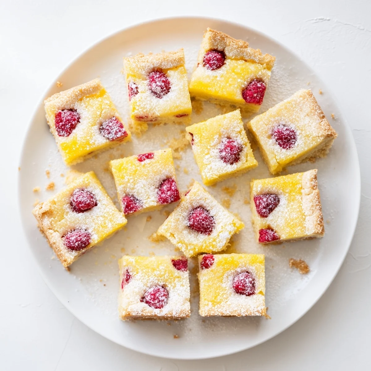 Golden lemon raspberry bars with buttery shortbread crust topped with vibrant red berries