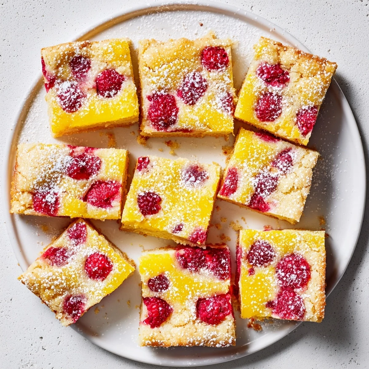 Tangy lemon raspberry bars dusted with powdered sugar on a white serving plate