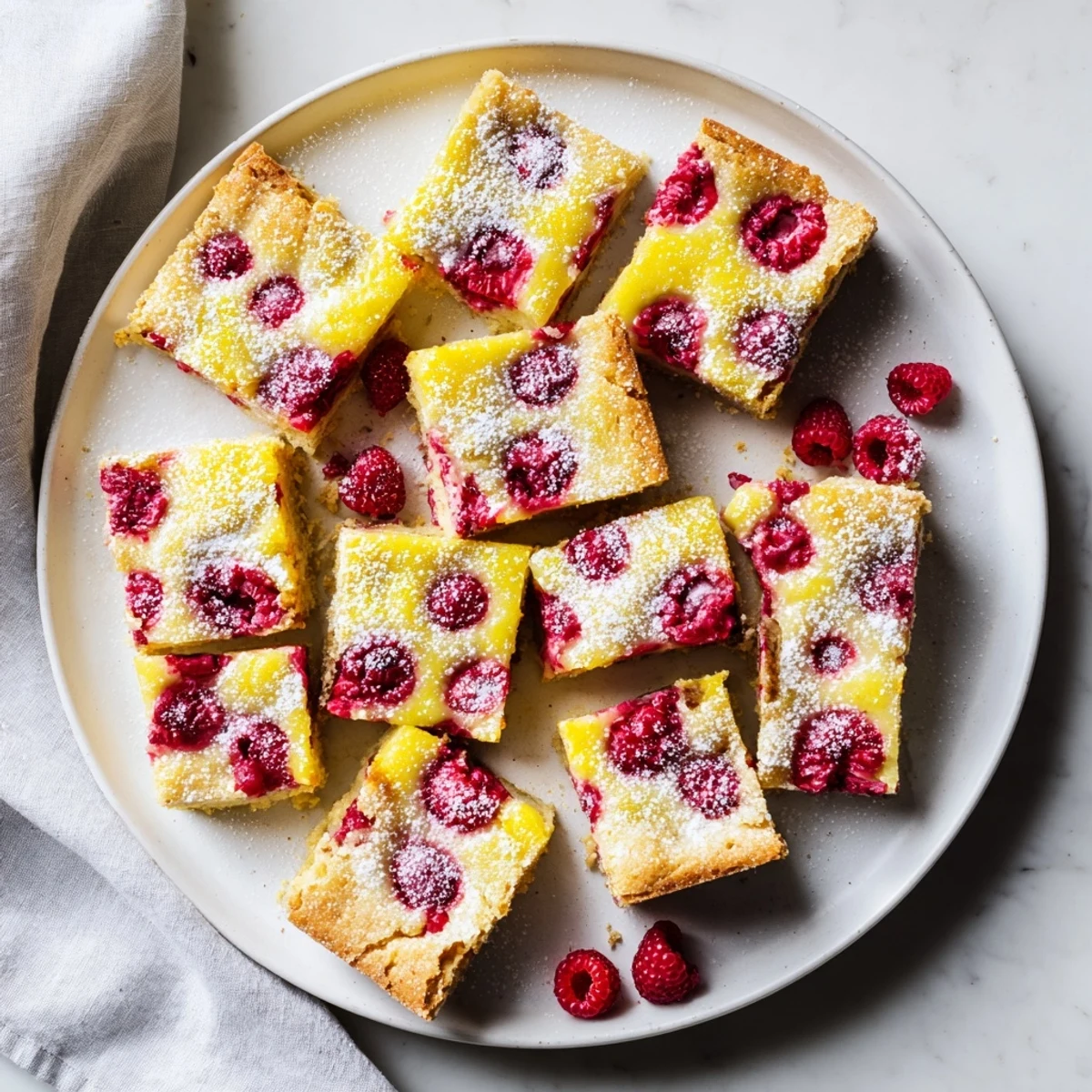 Fresh raspberry lemon bars cut into squares with glistening citrus fruit layer