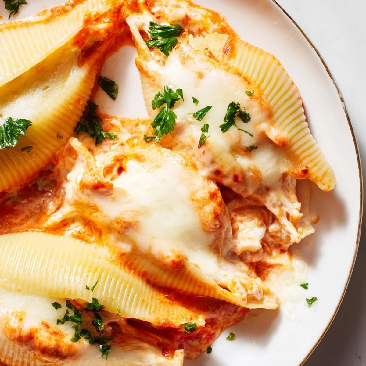Golden cheesy beef stuffed shells recipe with ricotta filling baked in creamy tomato sauce
