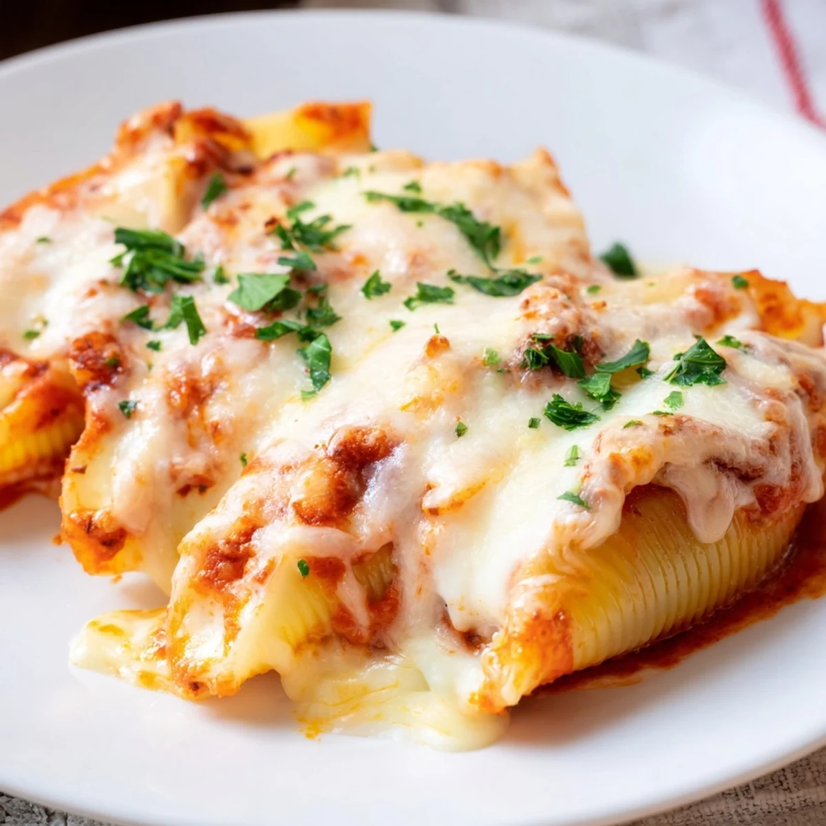 Italian-American beef stuffed shells recipe bubbling with rich marinara and golden brown cheese topping