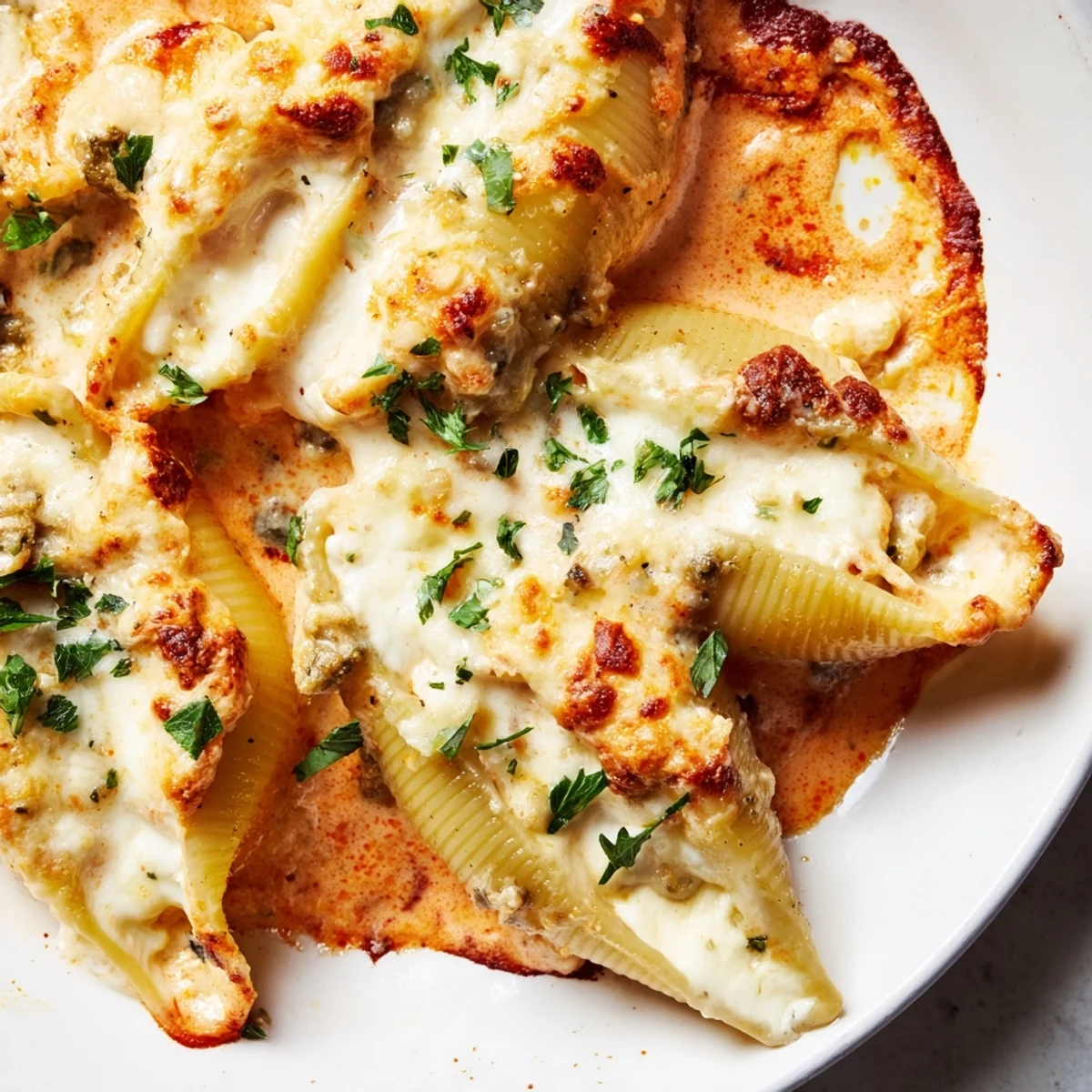 Tender jumbo pasta shells filled with savory beef and ricotta topped with melted mozzarella