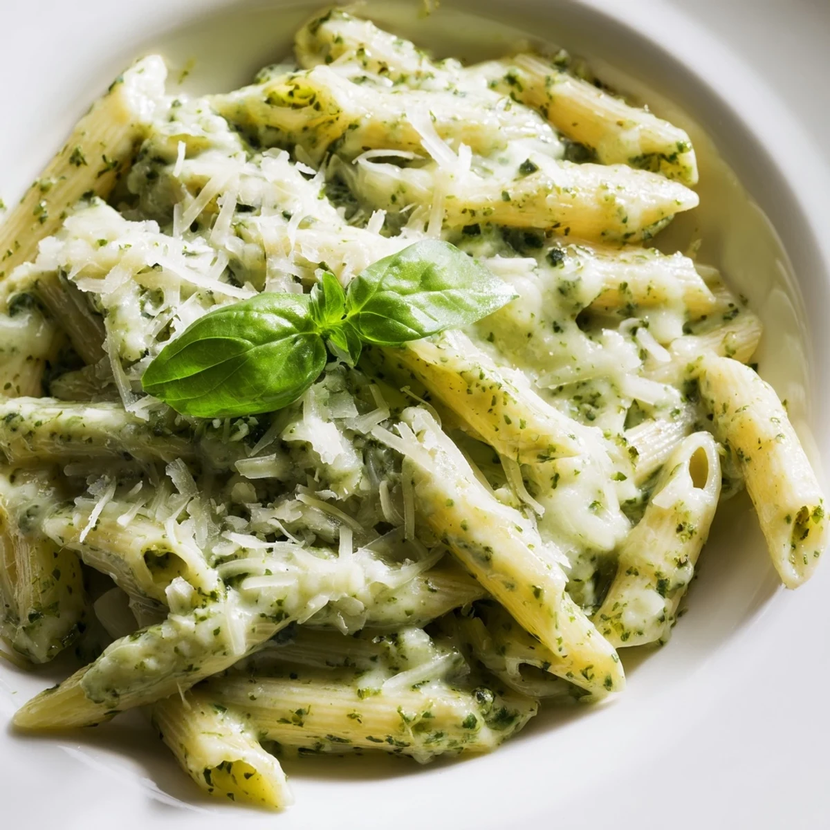 Creamy pesto pasta coated in rich basil parmesan sauce with fresh basil garnish