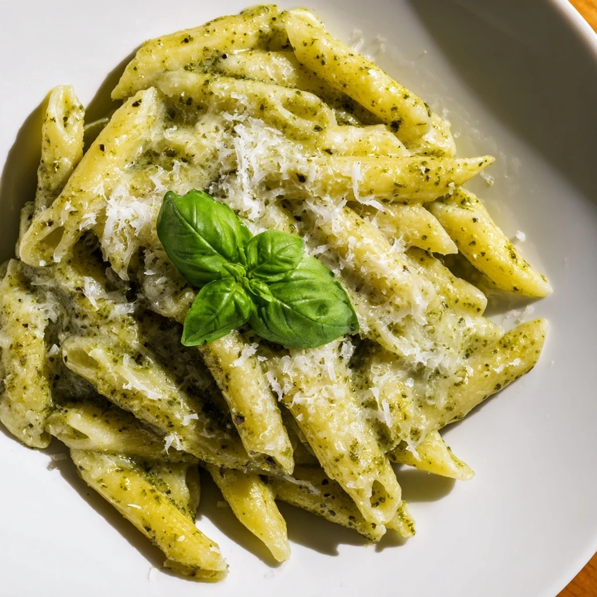 Italian creamy pesto pasta tossed with garlic parmesan sauce and fresh basil leaves