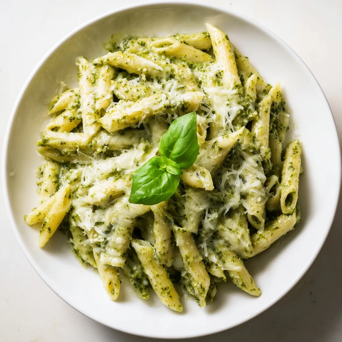 Bowl of creamy pesto pasta twirled with green basil sauce and parmesan cheese