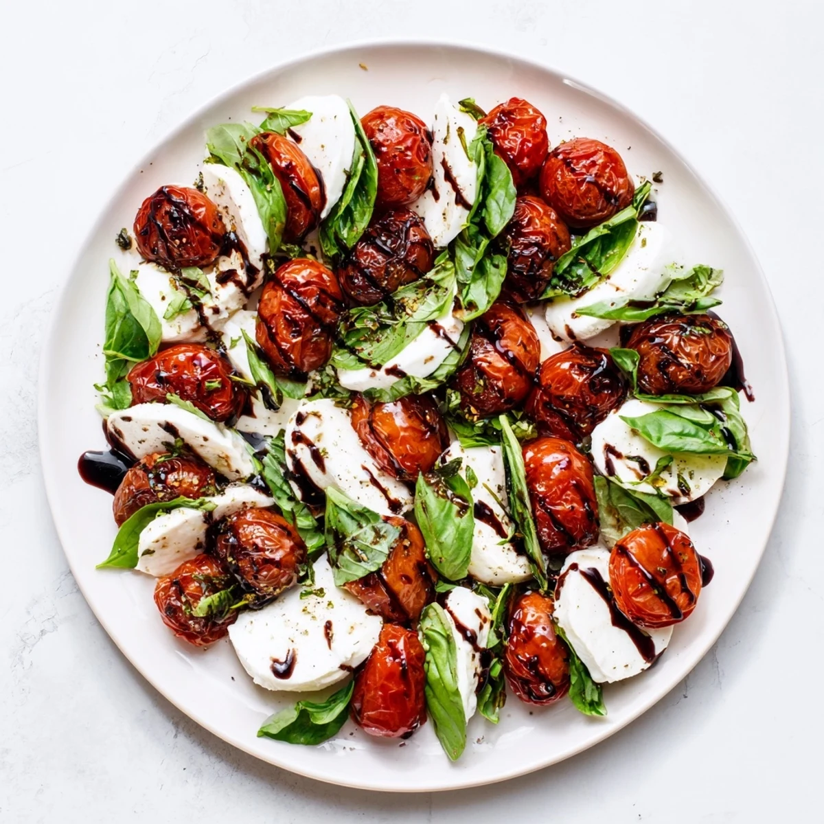 Golden roasted cherry tomatoes arranged with fresh mozzarella slices and fragrant basil leaves on a white platter