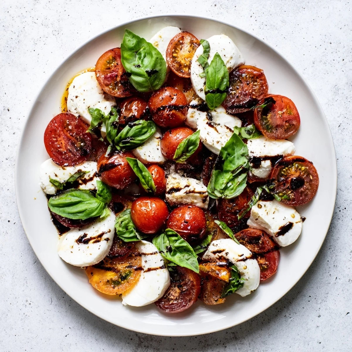 Roasted tomato Caprese salad with bubbling mozzarella pearls and fresh basil finished with dark balsamic swirls