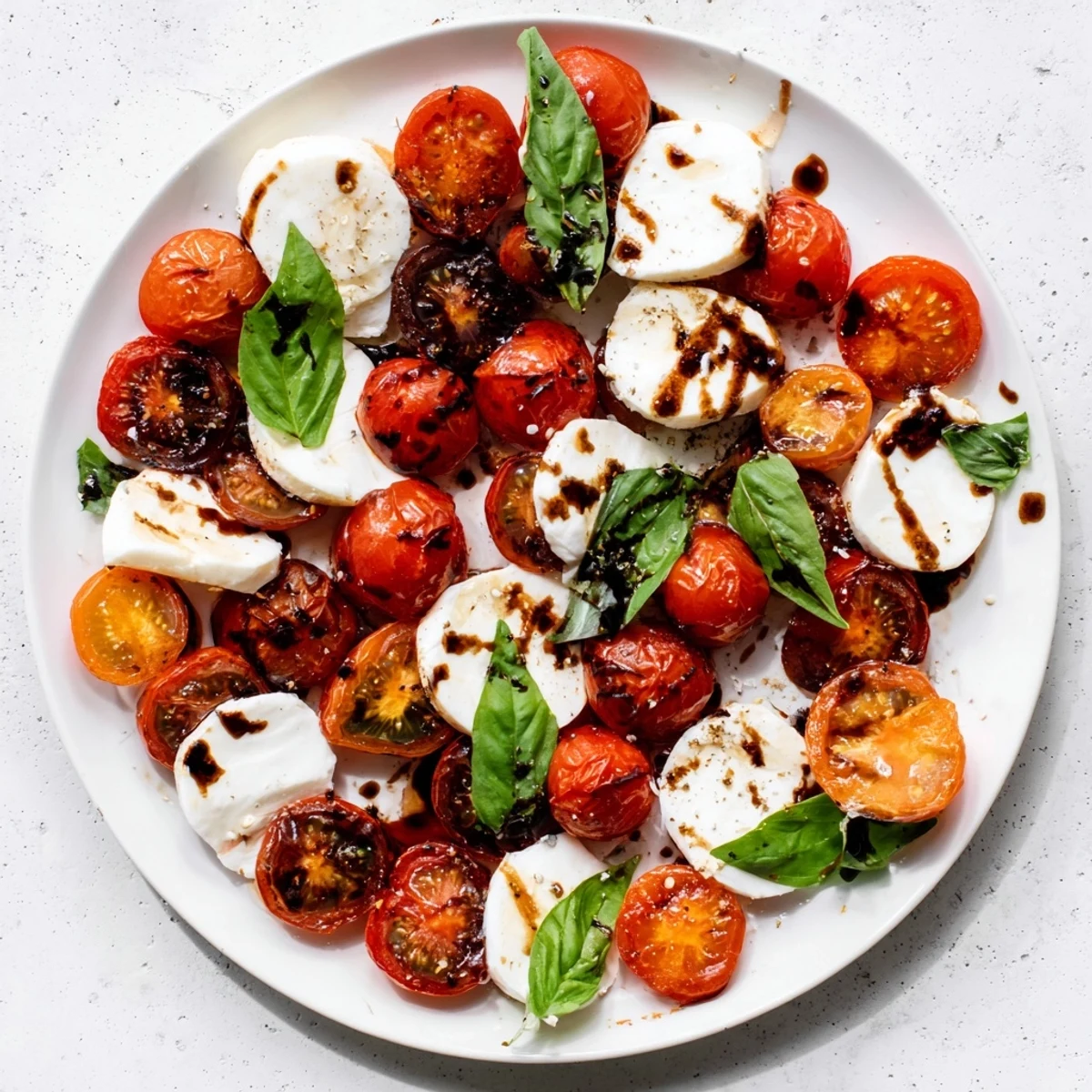 Vibrant Caprese salad featuring caramelized tomatoes drizzled with balsamic glaze alongside creamy cheese and green basil