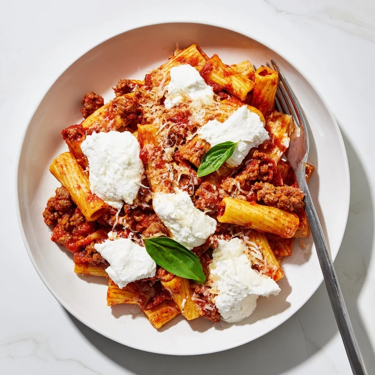Comforting slow cooker baked ziti topped with melted mozzarella and fresh basil garnish
