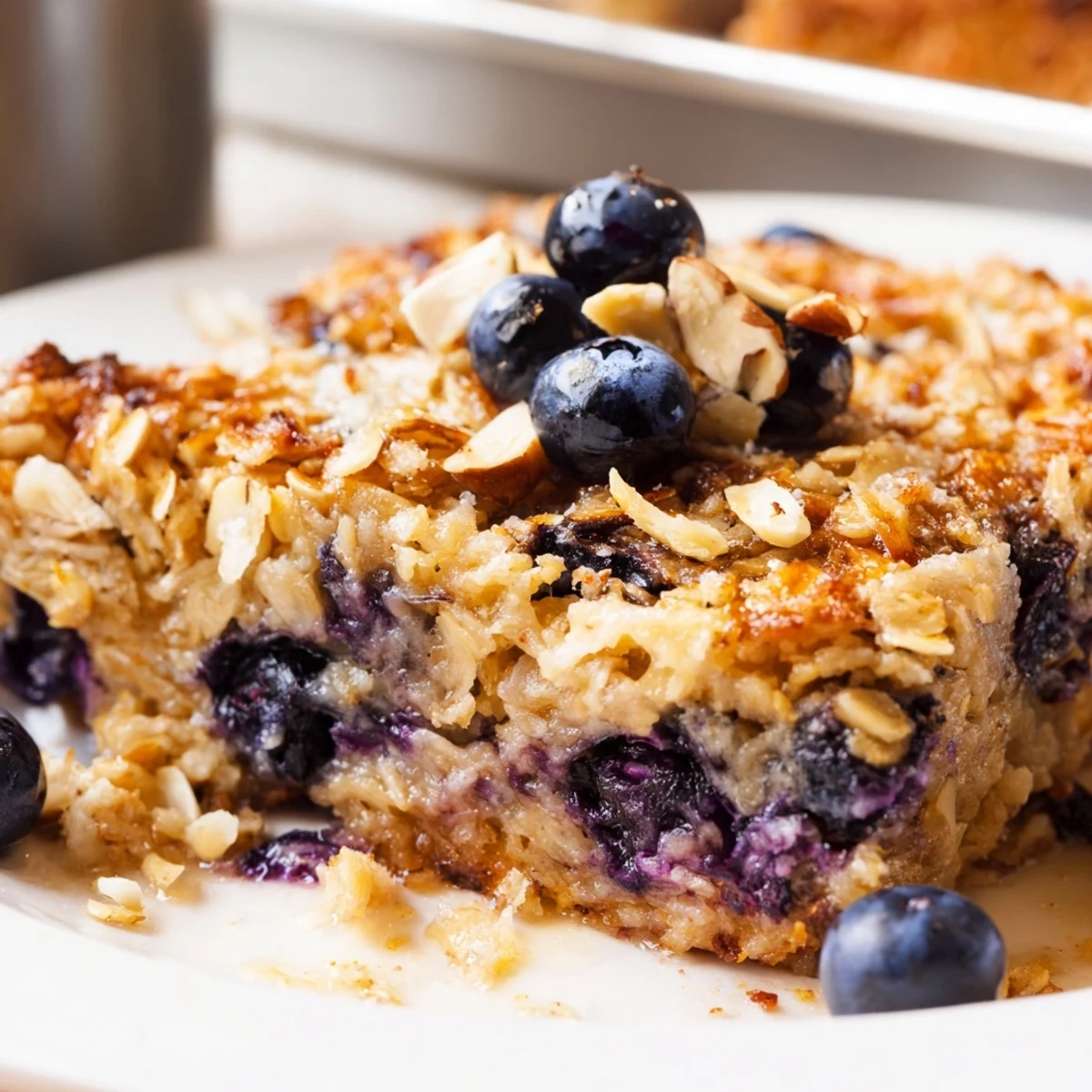 Golden lemon blueberry baked oatmeal with juicy berries bubbling through tender oats