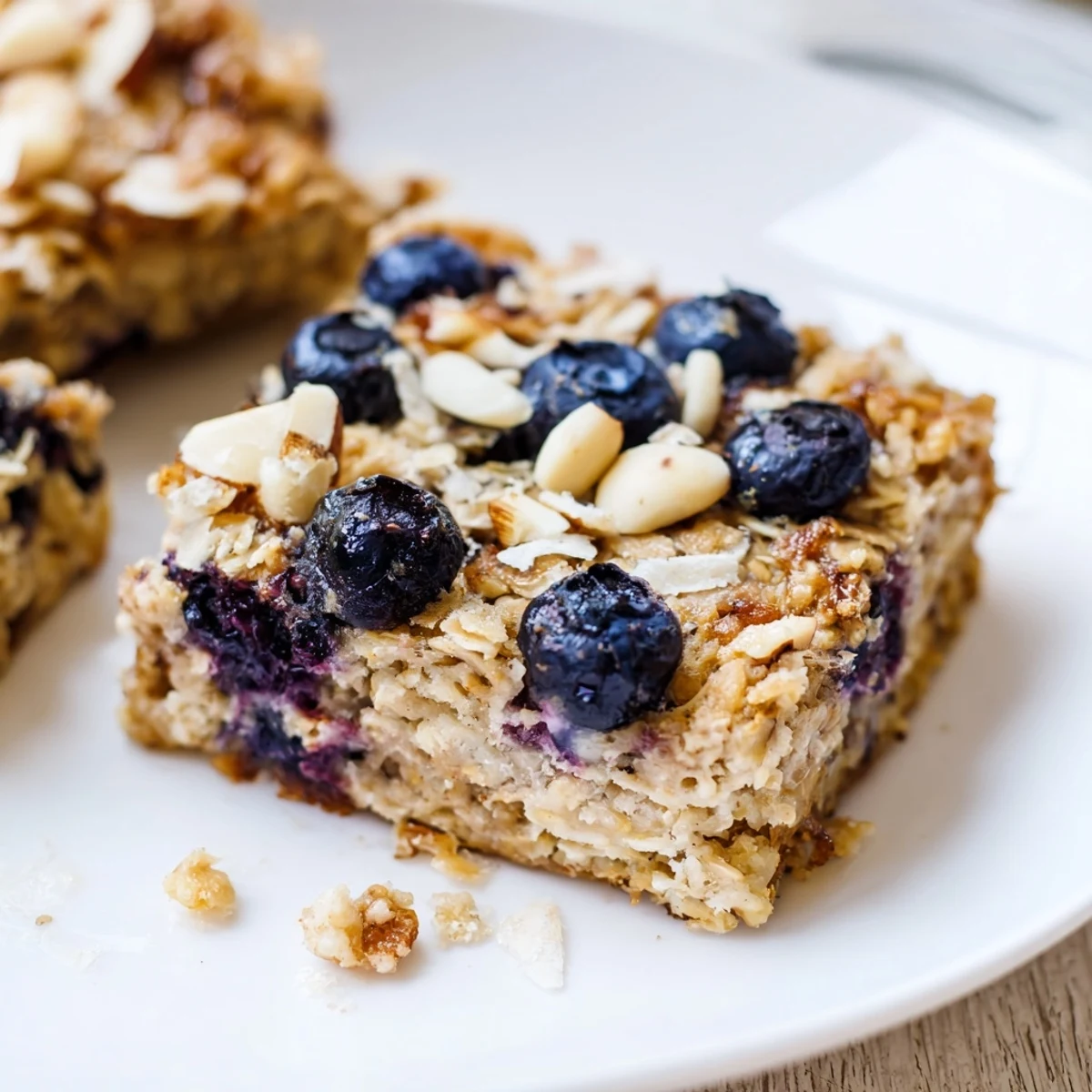 Warm lemon blueberry baked oatmeal sprinkled with coconut sugar and fresh blueberries