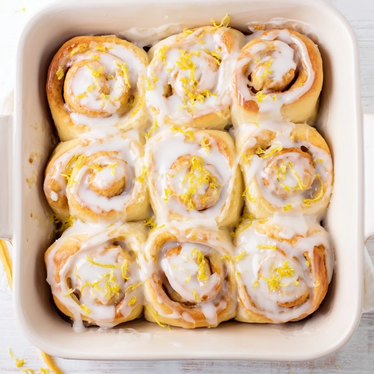 Golden glazed lemon rolls with tangy citrus filling and sweet white drizzle on a baking pan