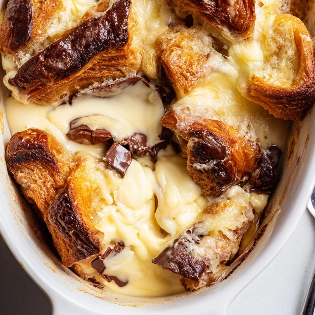 Golden brown chocolate croissant breakfast bake with melted chocolate chips and powdered sugar dusting
