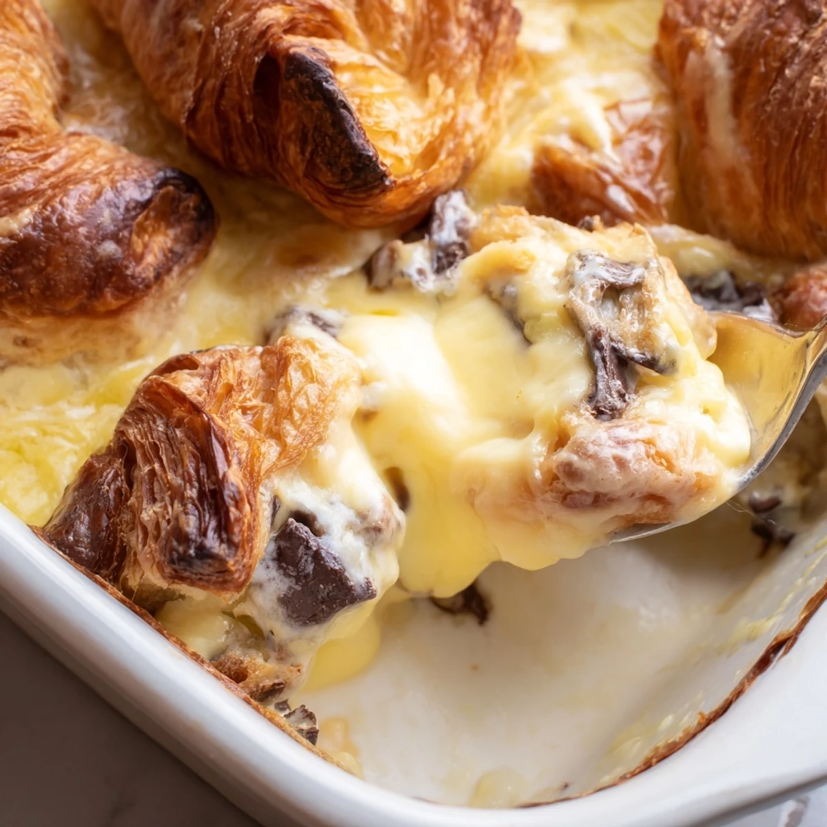 Baked chocolate croissant breakfast casserole featuring buttery pastry pieces in a sweet custard