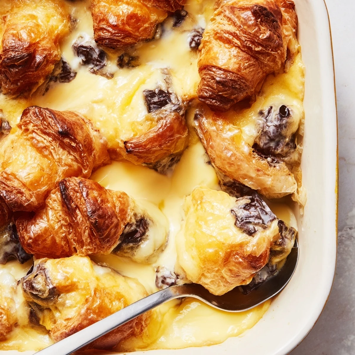 Warm chocolate croissant breakfast bake served with fresh berries and whipped cream topping