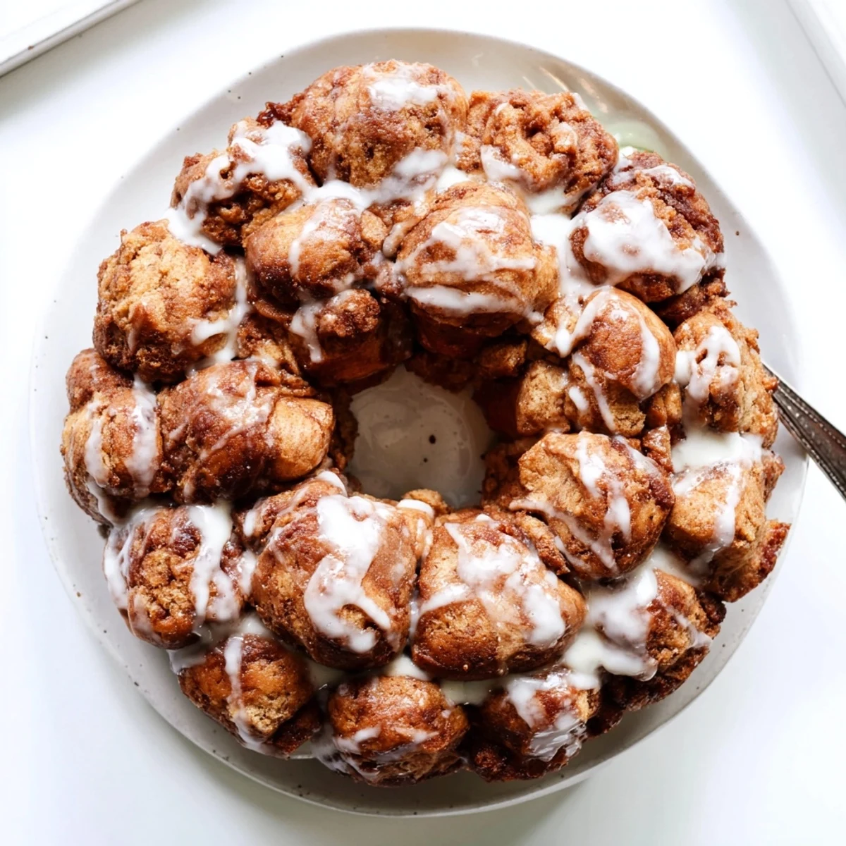 Healthy high protein no sugar monkey bread drizzled with vanilla yogurt glaze on serving plate