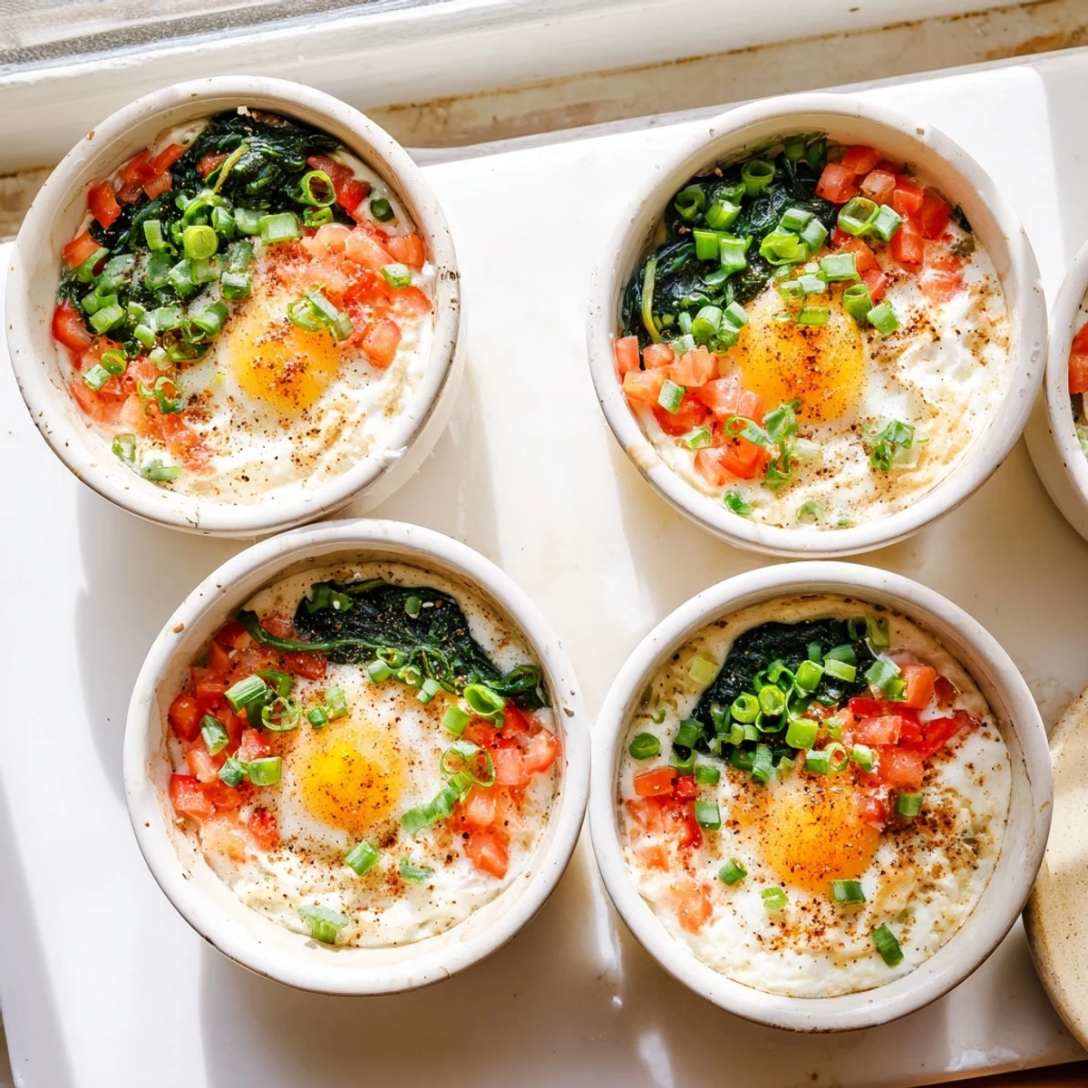 Golden baked cottage cheese eggs with melted cheddar and fresh spinach in individual ramekins
