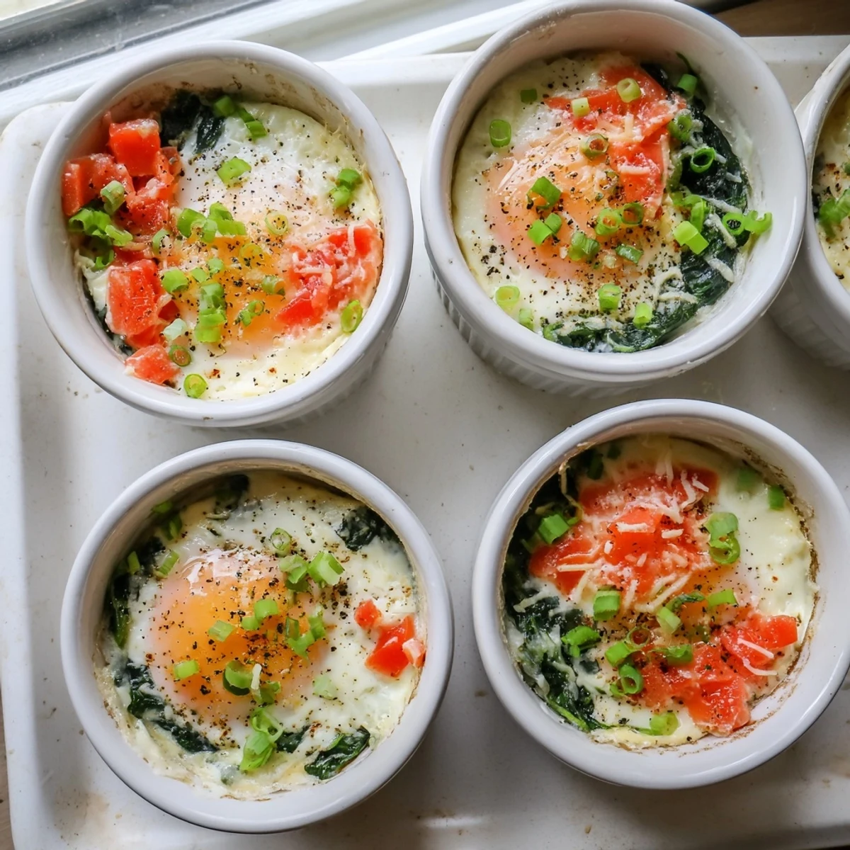 Wholesome baked cottage cheese eggs with diced tomatoes and spinach, perfect for breakfast or brunch