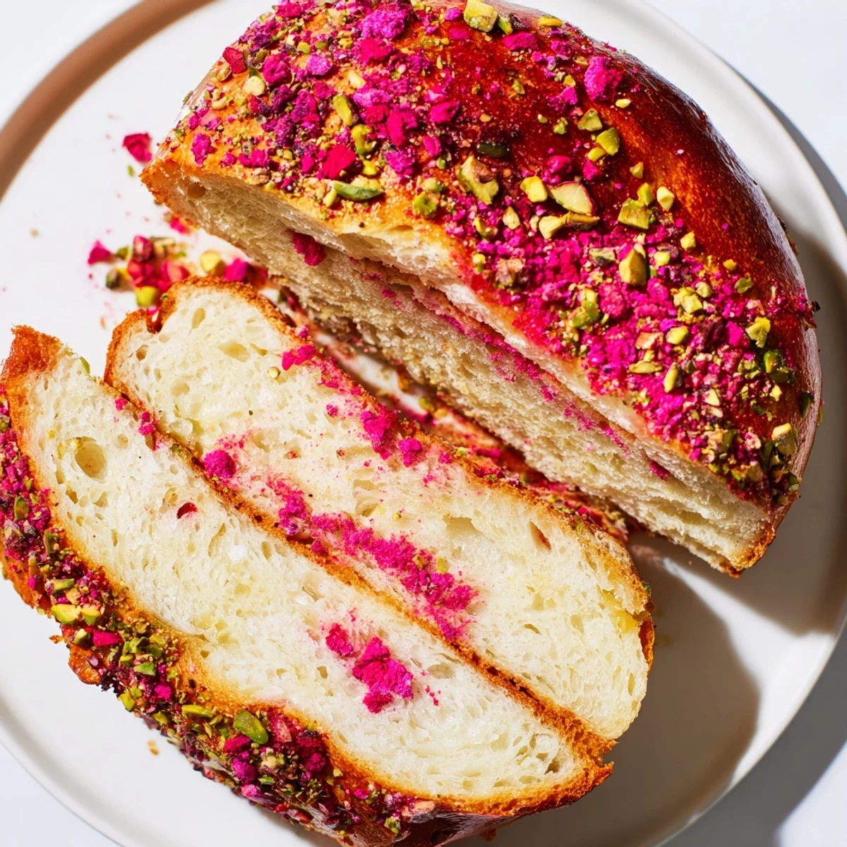 Freshly baked raspberry pistachio sourdough bagels topped with crunchy nuts and colorful fruit pieces.