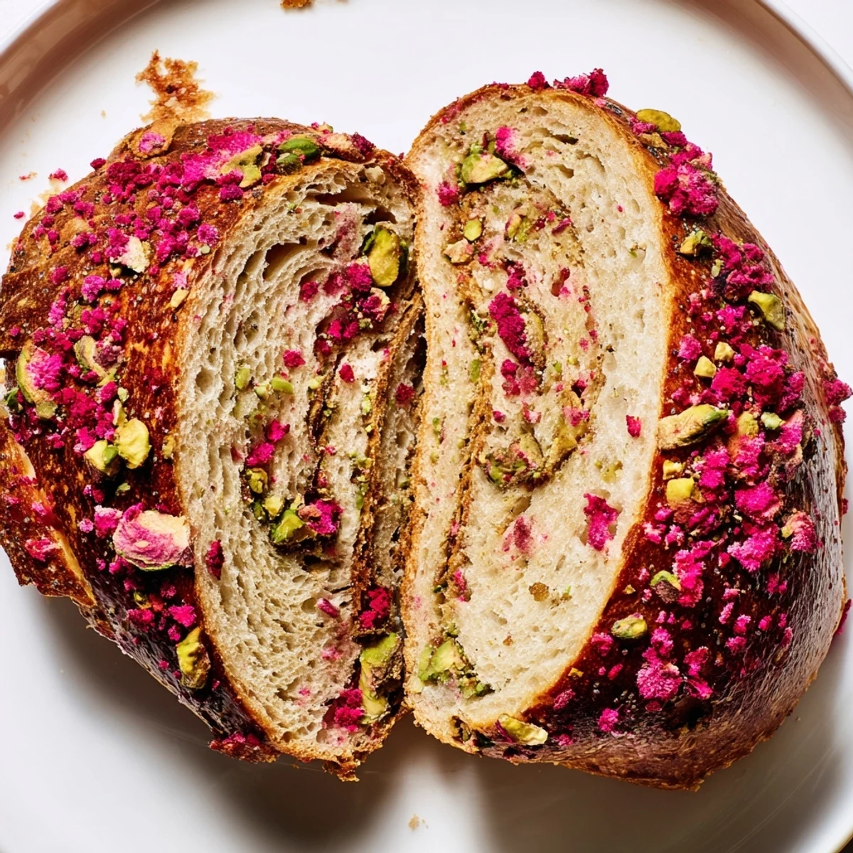 Golden brown sourdough bagels studded with bright red raspberries and green chopped pistachios.