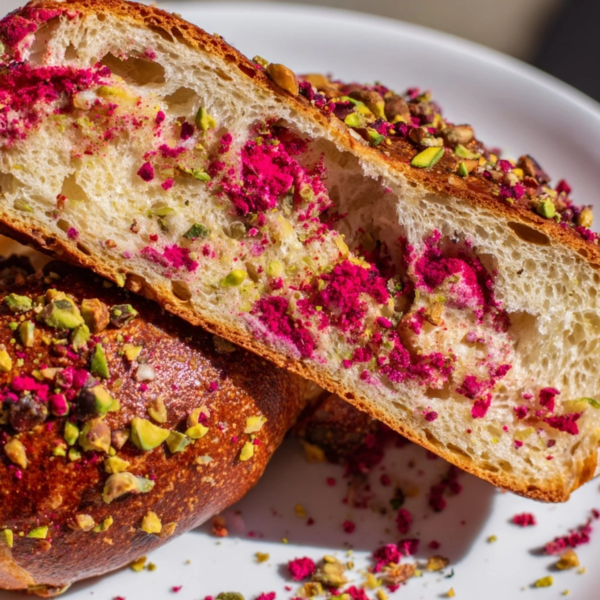 Homemade raspberry pistachio sourdough bagels piled on a wire rack after baking to golden perfection.