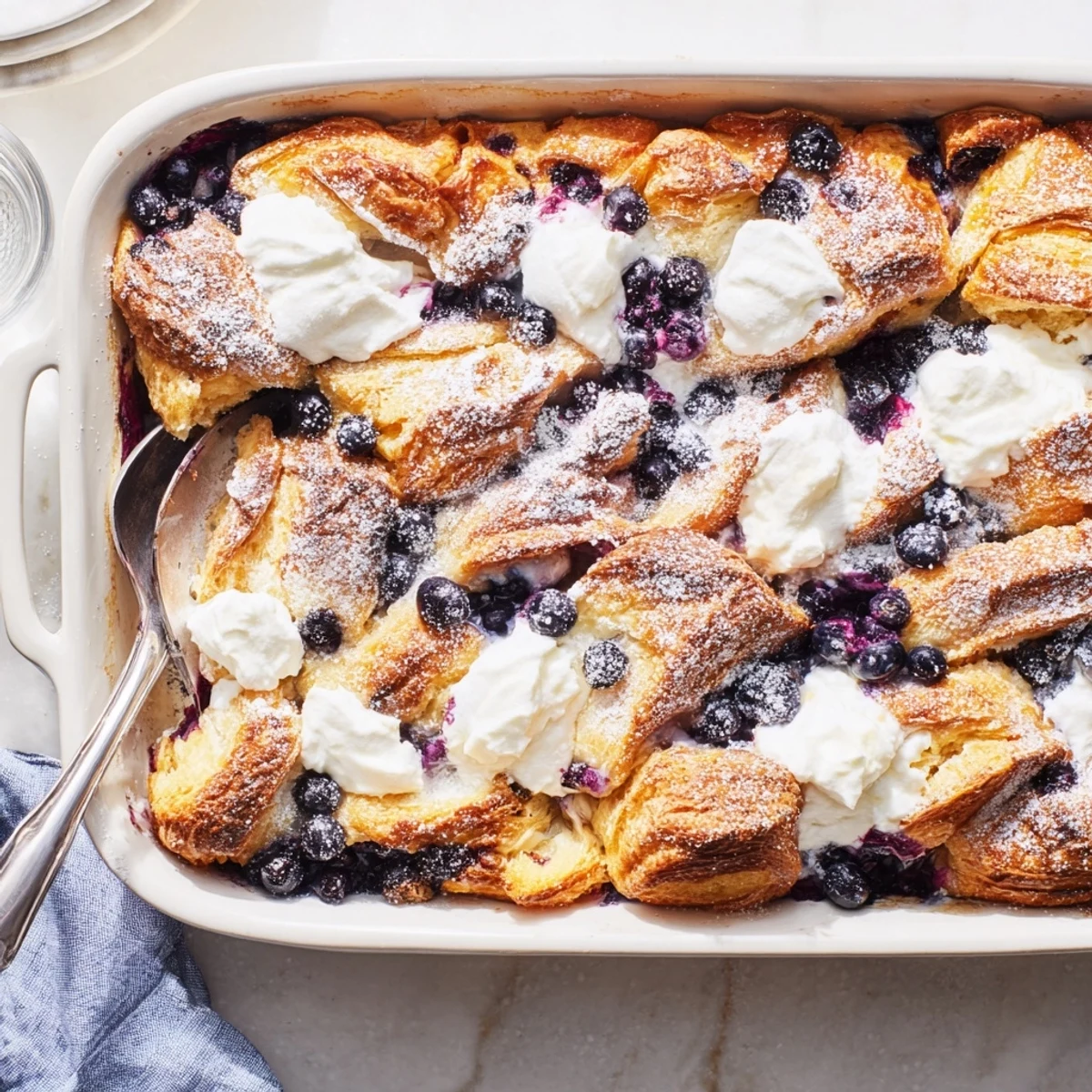 Golden blueberry cream cheese croissant casserole with juicy berries bubbling through buttery layered pastry