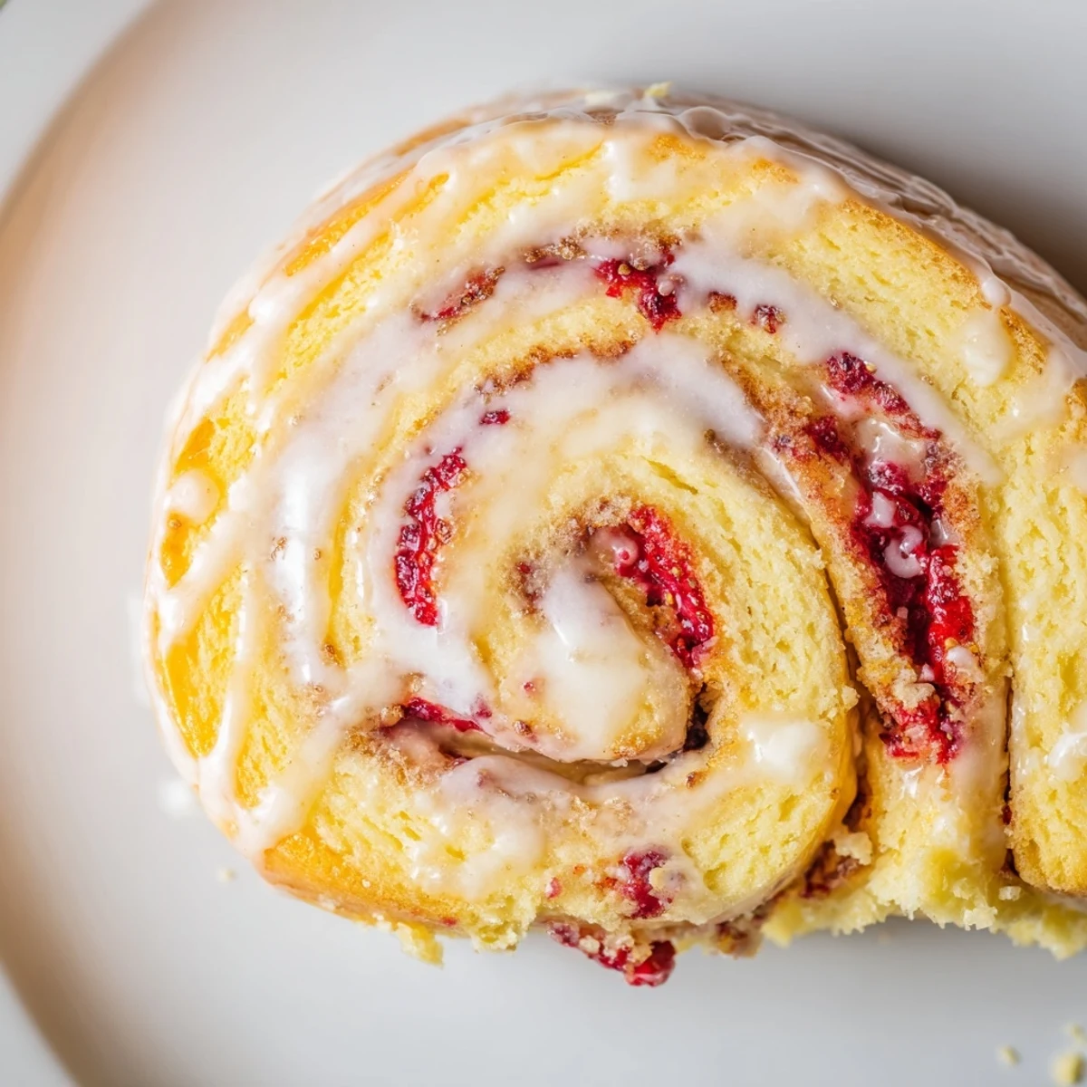 Golden Strawberry Shortcake Cheesecake Rolls drizzled with sweet vanilla glaze on a white plate