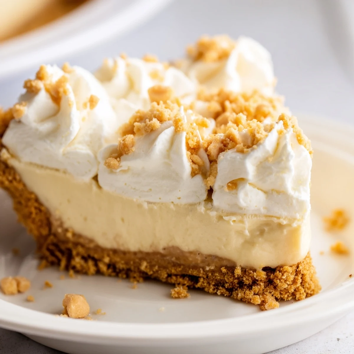 Creamy Amish Peanut Butter Dream Pie topped with fluffy whipped cream and golden crumbs