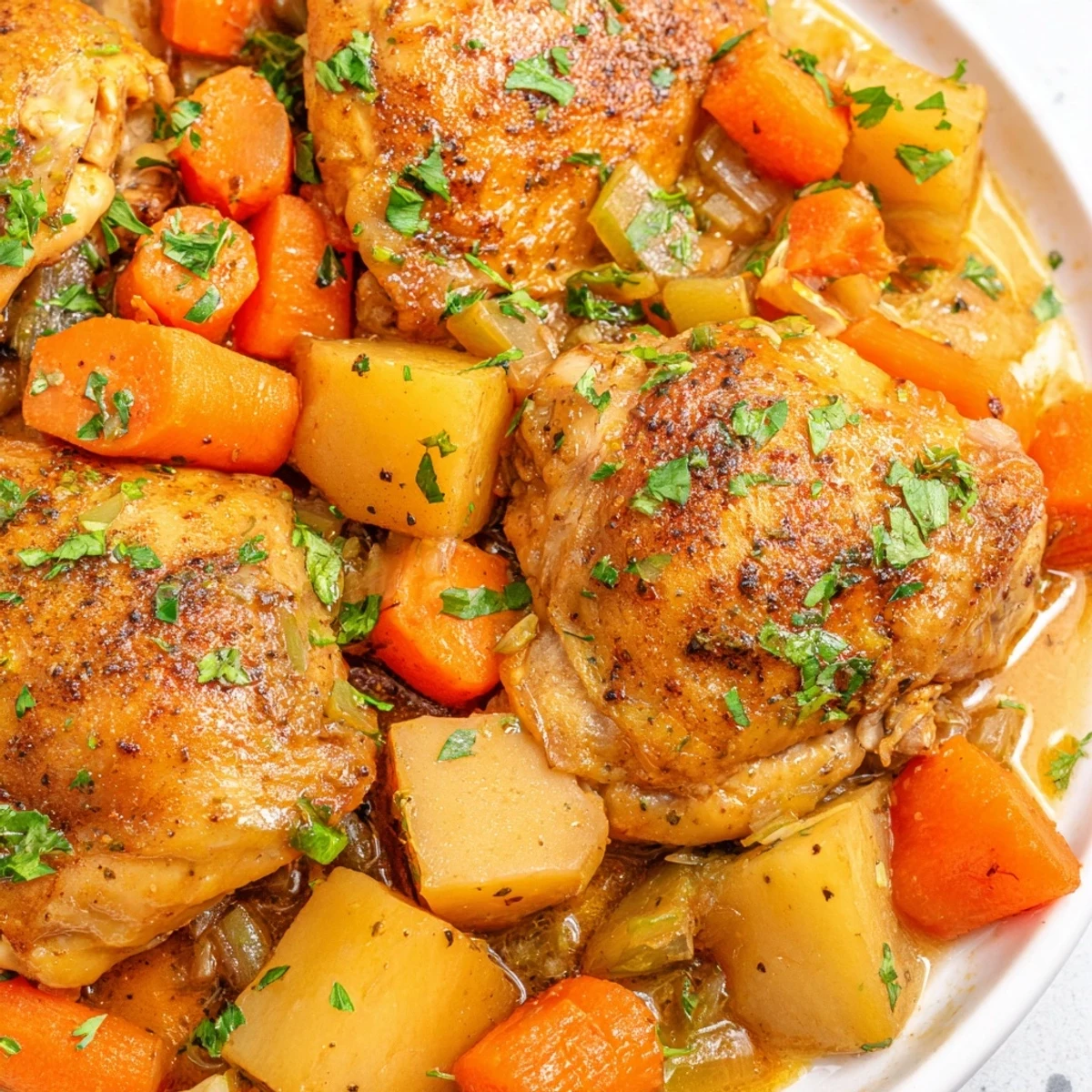 Slow cooker chicken dinner with tender meat and colorful root vegetables in savory herb sauce