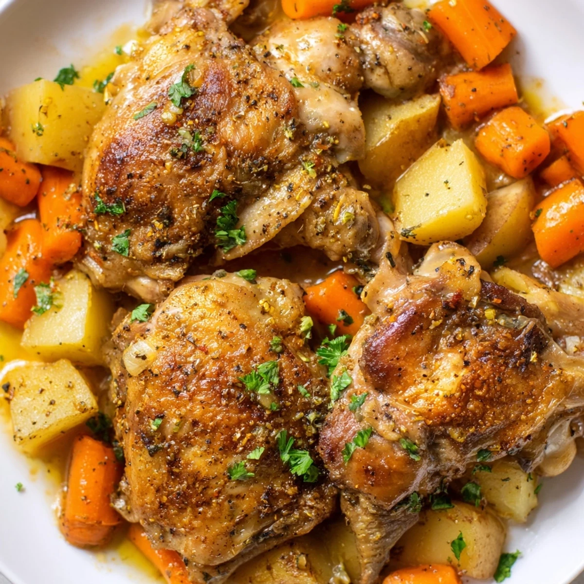 Golden brown chicken thighs served over carrots and potatoes in a rustic slow cooker meal