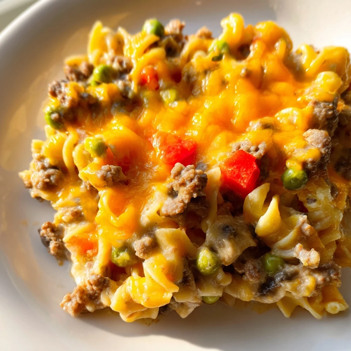 Golden bubbly cheesy beef and noodle casserole fresh from the oven with melted cheddar topping
