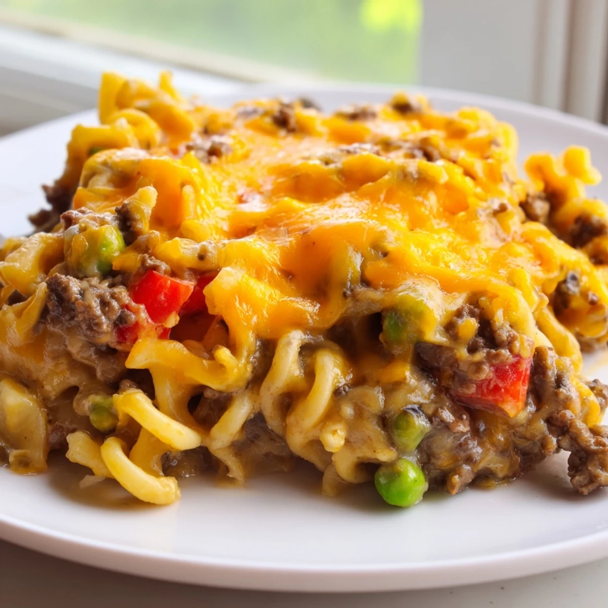 Creamy cheesy beef and noodle casserole with tender egg noodles in a rich savory beef sauce