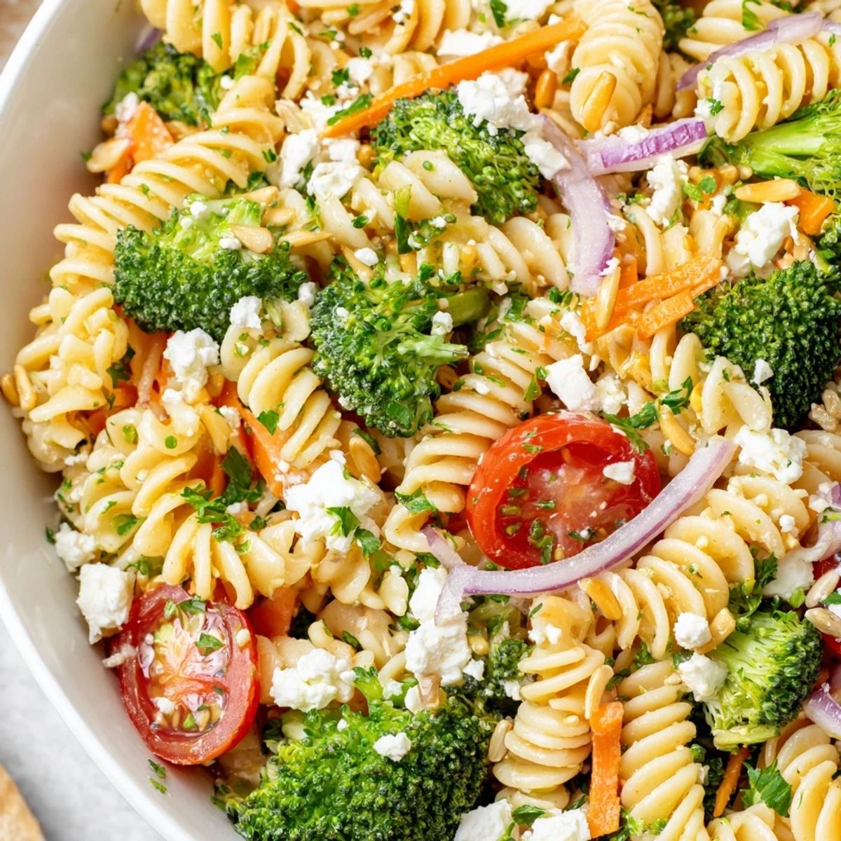 Colorful broccoli pasta salad in a white bowl topped with crumbled feta and sunflower seeds