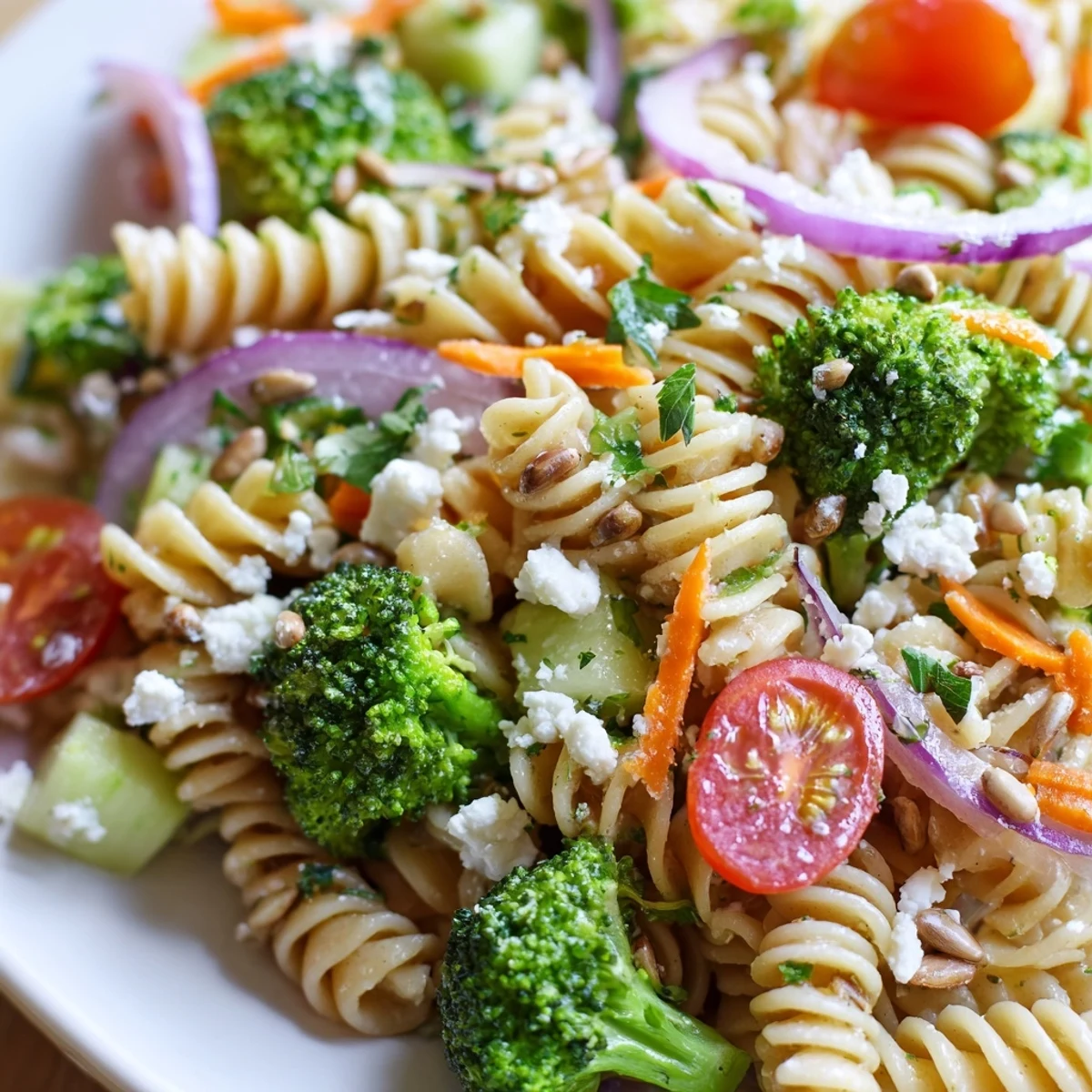 Fresh broccoli pasta salad featuring crisp green florets, cherry tomatoes, and zesty lemon dressing