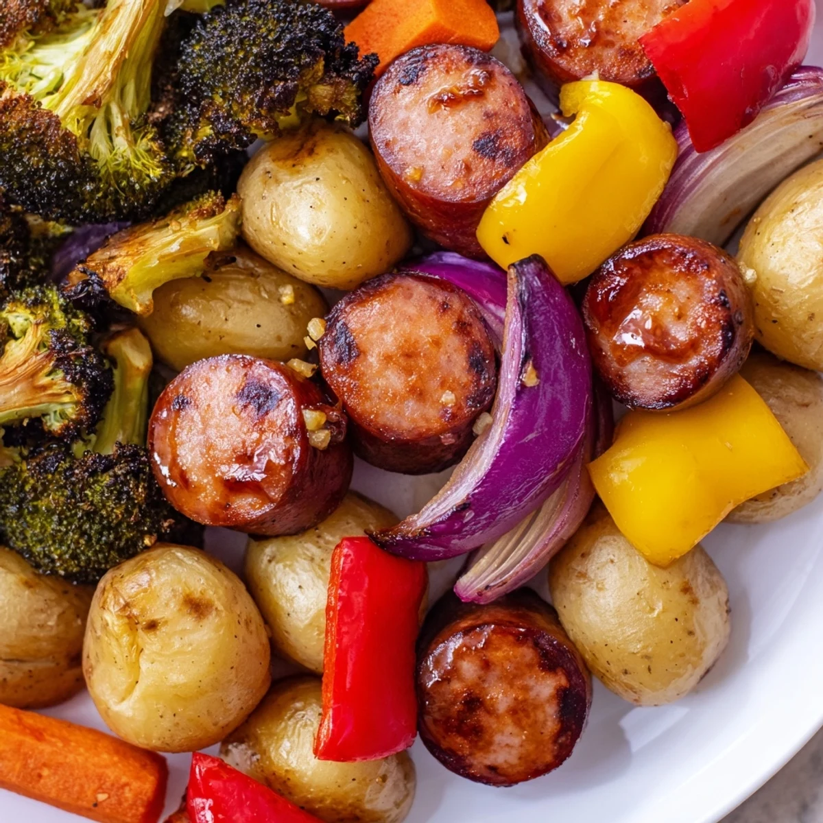 Golden roasted honey garlic kielbasa and vegetables glistening on a sheet pan with colorful peppers and tender potatoes